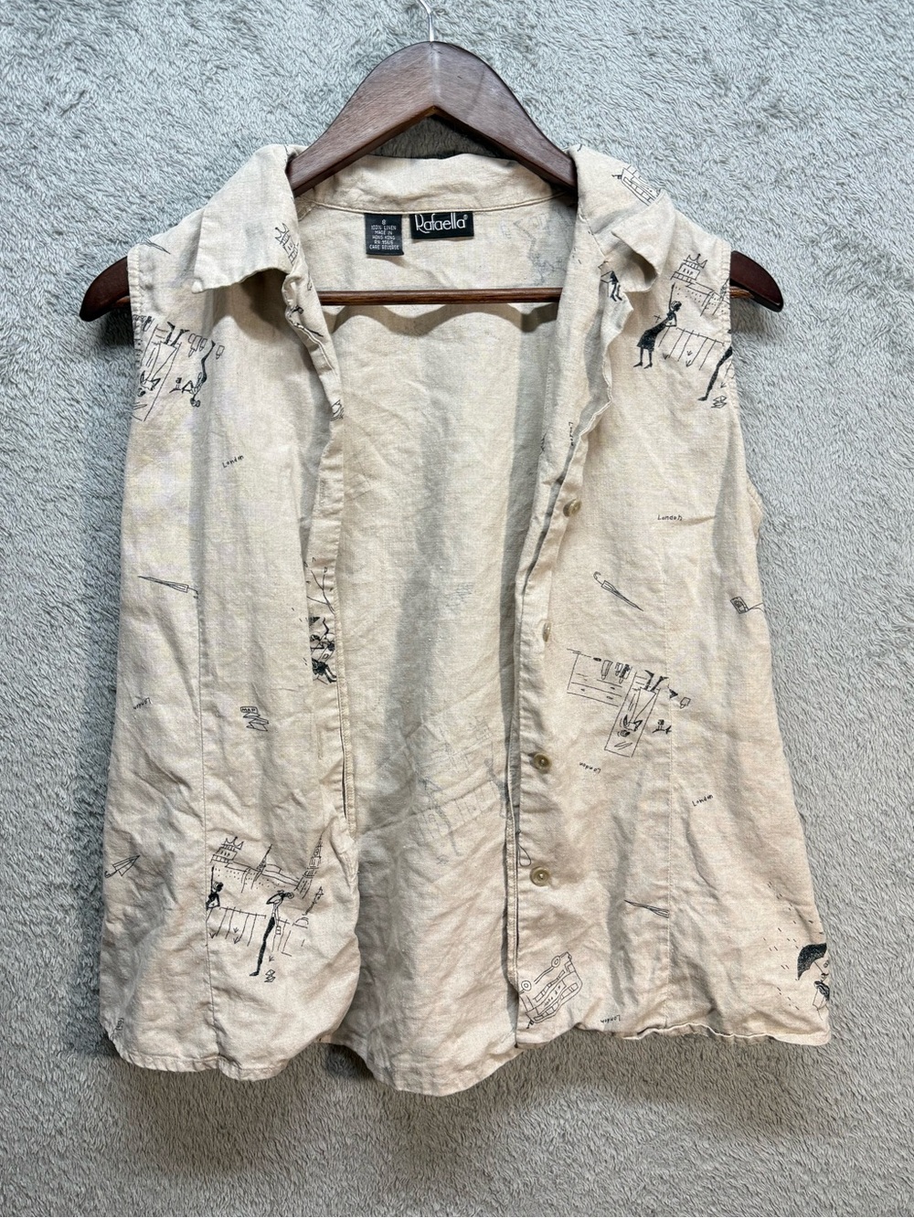 Rafaella Vintage 100% Linen Novelty London Print Sleeveless Button Up Size 8